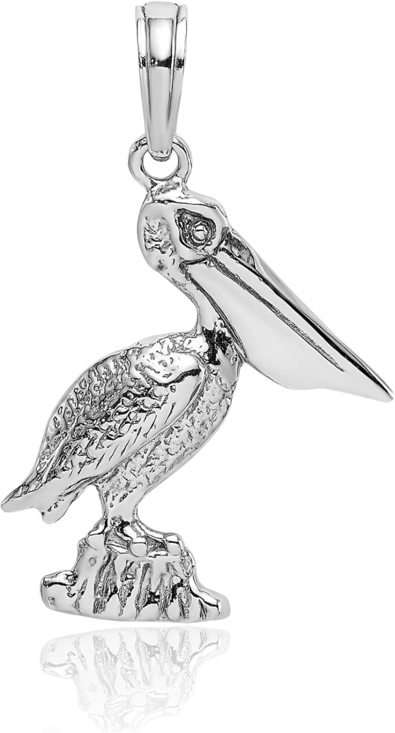 IceCarats 14K Solid White Gold Medium Pelican Bird Pendant Necklace 23mm 7/8 inch Polished, Textured for her