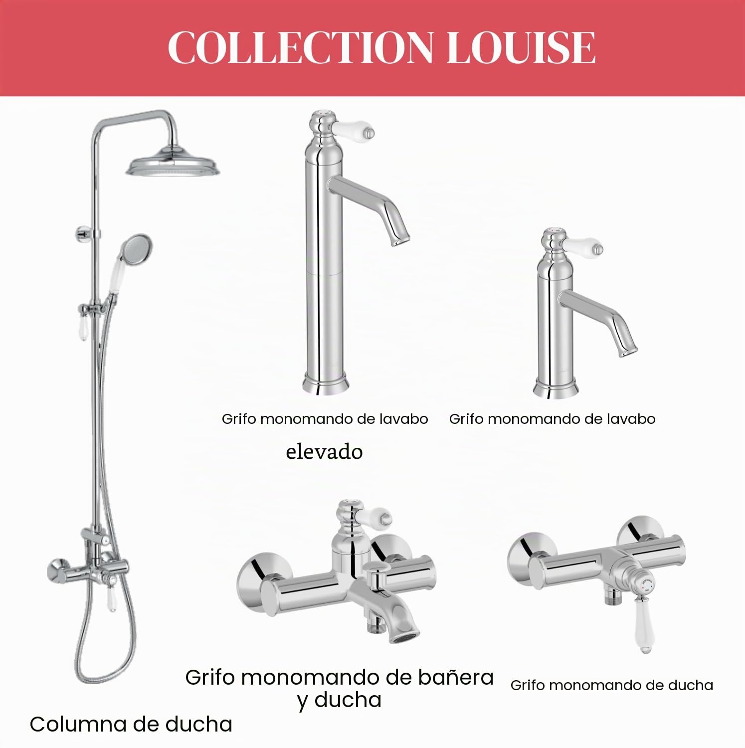 JACOB DELAFON Grifo monomando para lavabo estilo retro Maneta cerámica Ahorro de agua Fácil y rápida instalación Latón Cromado LOUISE E24360-CP