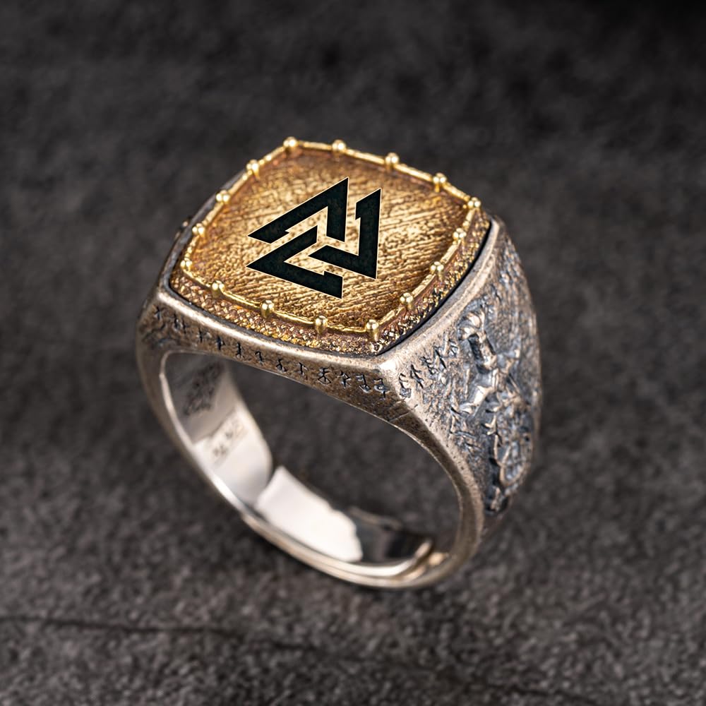 Zweifarbiger Wikingerring aus 925er Sterlingsilber mit Runen, Drachenschwert, nordischer Schmuck für Männer, offen, verstellbar