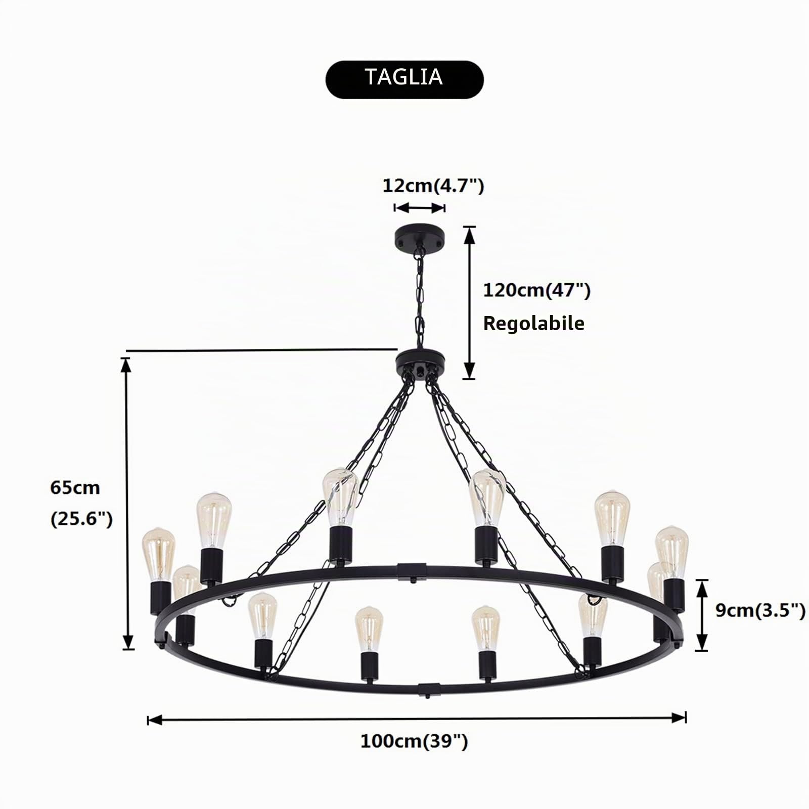 Eoodis Lampadario a Sospensione Nero 12 Luci Stile Rustico Country Lampadario a Ruota di Carro, Lampadari Regolabile in Altezza Diametro 100 cm per Sala da Pranzo, Cucina, Soggiorno, Camera da Letto