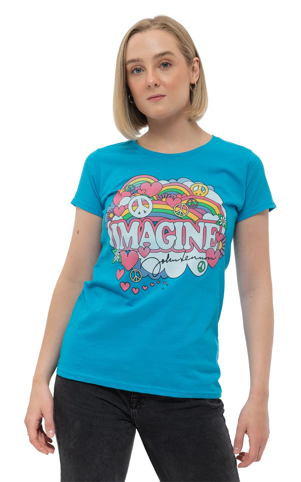 John Lennon Women's Blue (Blue Blue) Rainbows, Love & Peace Regular Fit Crew Neck Short Sleeve T - Shirt, 8 (Manufacturer Size:small)