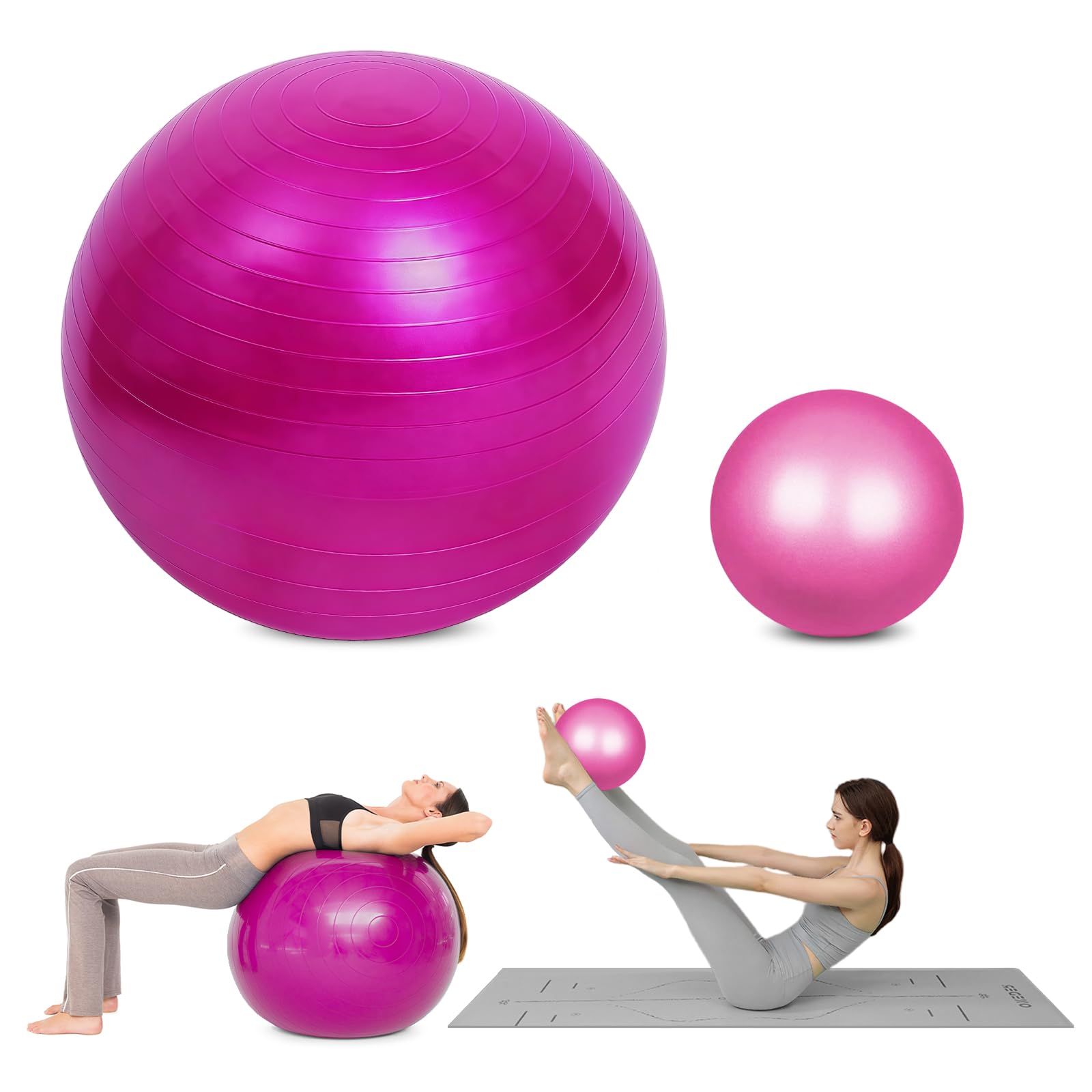 flintronic Gymnastikball Set, Soft Yoga Ball mit aufblasbarem Strohhalm, aufblasbarer Fußpumpe, Anti-Burst-Übungsball für Yoga, Pilates, Balance, Physiotherapie,Stretching (55cm+25cm) Rosa