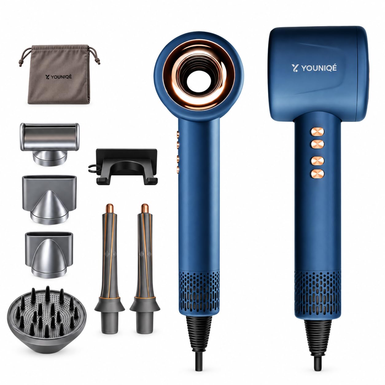 Set asciugacapelli agli ioni 6 in 1, ferro arricciacapelli, ugello lisciante, diffusore e concentratore, 1600 W, LED, 4 livelli di temperatura, accessori magnetici, borsa e supporto da parete