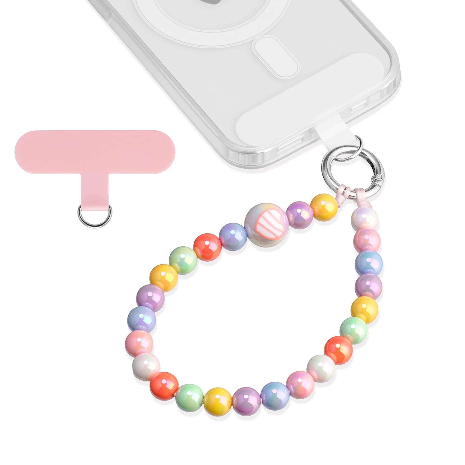Pendentif pour téléphone portable chaîne perles multicolores courtes cordon universel amovible 2 patchs