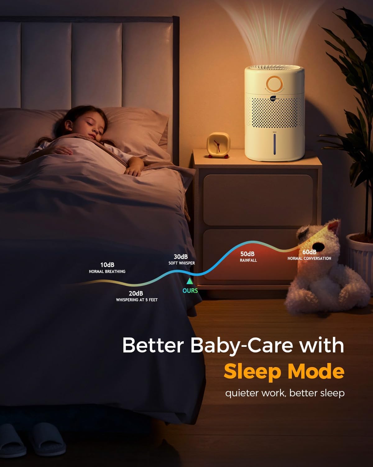 WaterFirst MistFree Y Humidifier operating in a bedroom at night with a dim orange light
