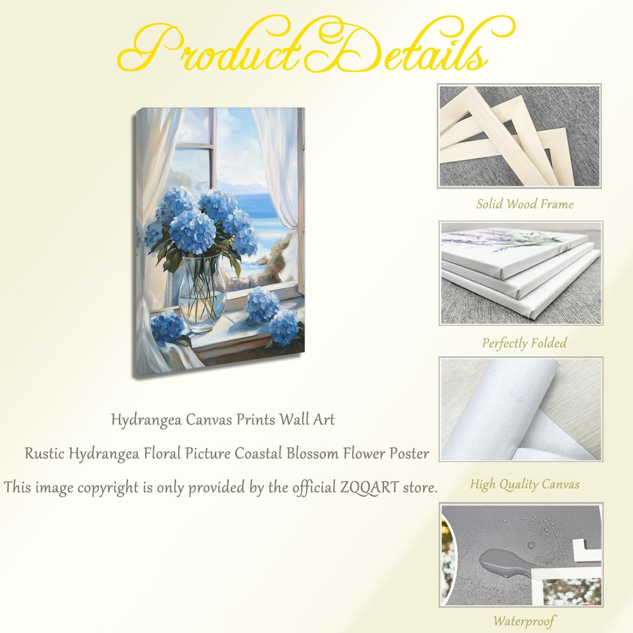 ZQQART Stampa artistica su tela con ortensia rustica, stampa floreale con fiori costieri, pianta botanica, decorazione da parete per il bagno, con cornice (blu, 40,6 x 61 cm)