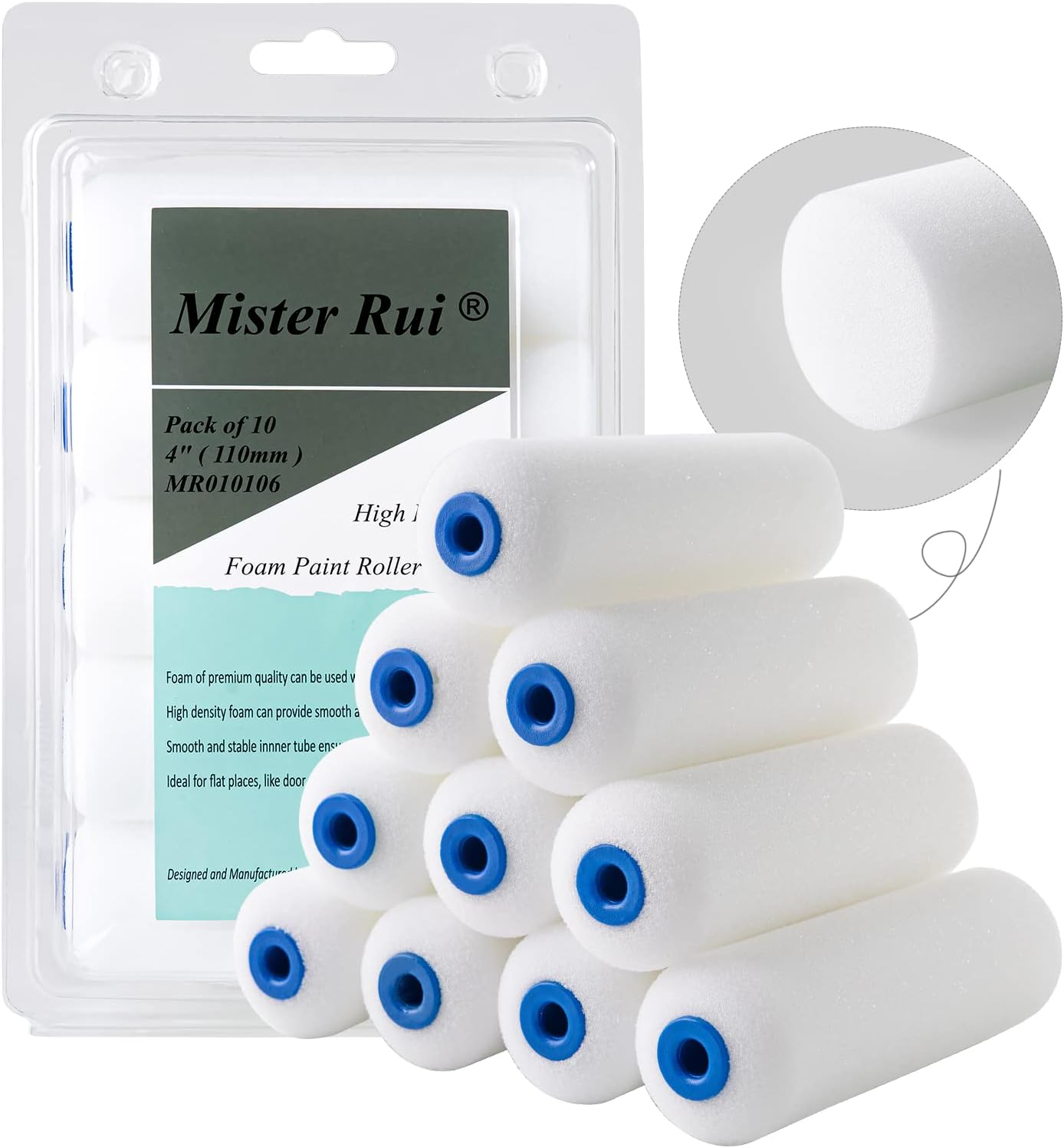 Mister Rui Foam Paint Roller, 10 pcs, 4 Inch Paint Roller, High Density Foam, Small Edge Paint Roller, 4 Inch Foam Roller for Painting, for Furniture Painting and Decorating, Corners and Detail Places