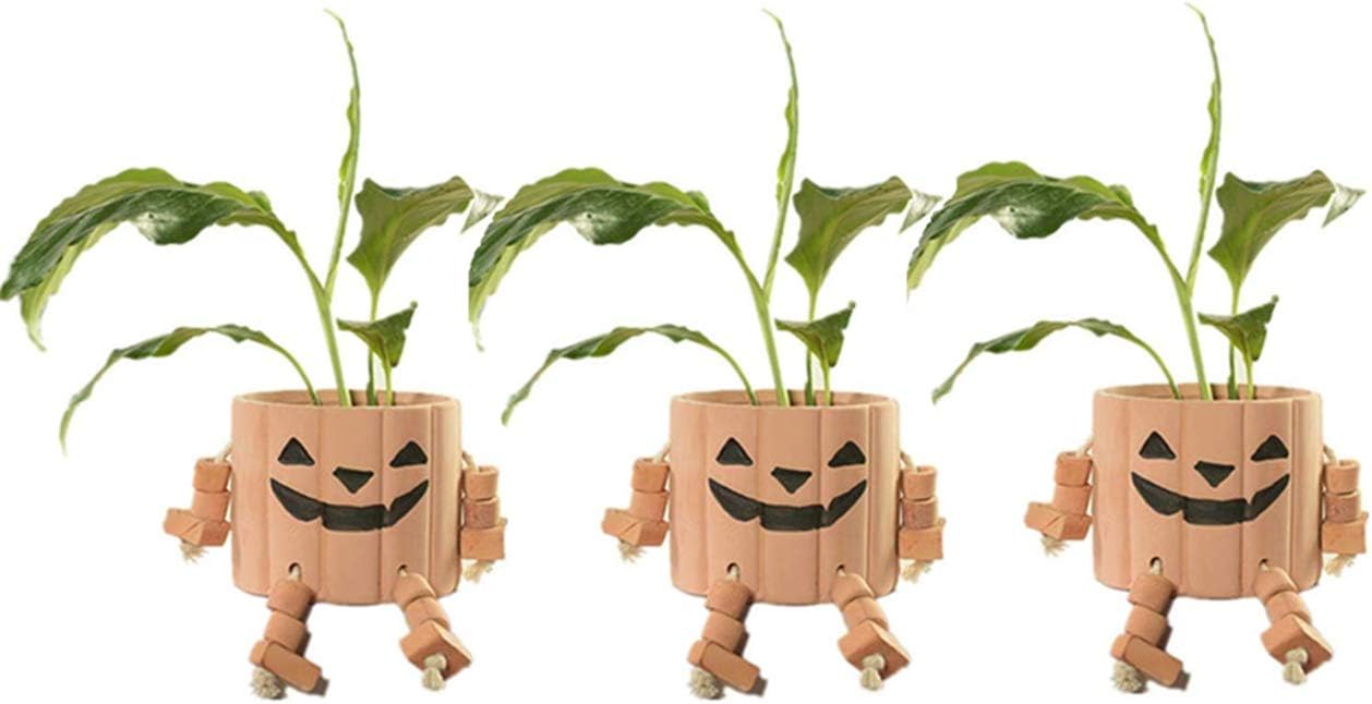 Succulent Pots Halloween Cactus Planter Pot Handmade Mini Flower Pot Pumpkinhead Terracotta Succulent Planter Pots for Small Plant, 3 Pack