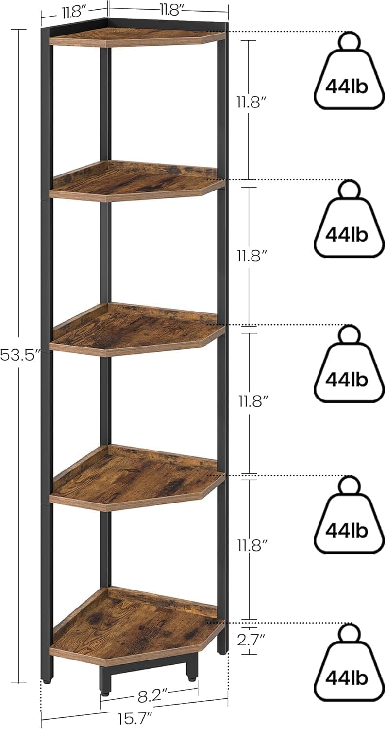 Hzuaneri Corner Shelf Stand, Corner Bookshelf, Storage Standing Shelf Unit with Metal Frame, Plant Stand, Bookcase for Living Room, Home Office, Bedroom, 5-Tier Rustic Brown CS05901B