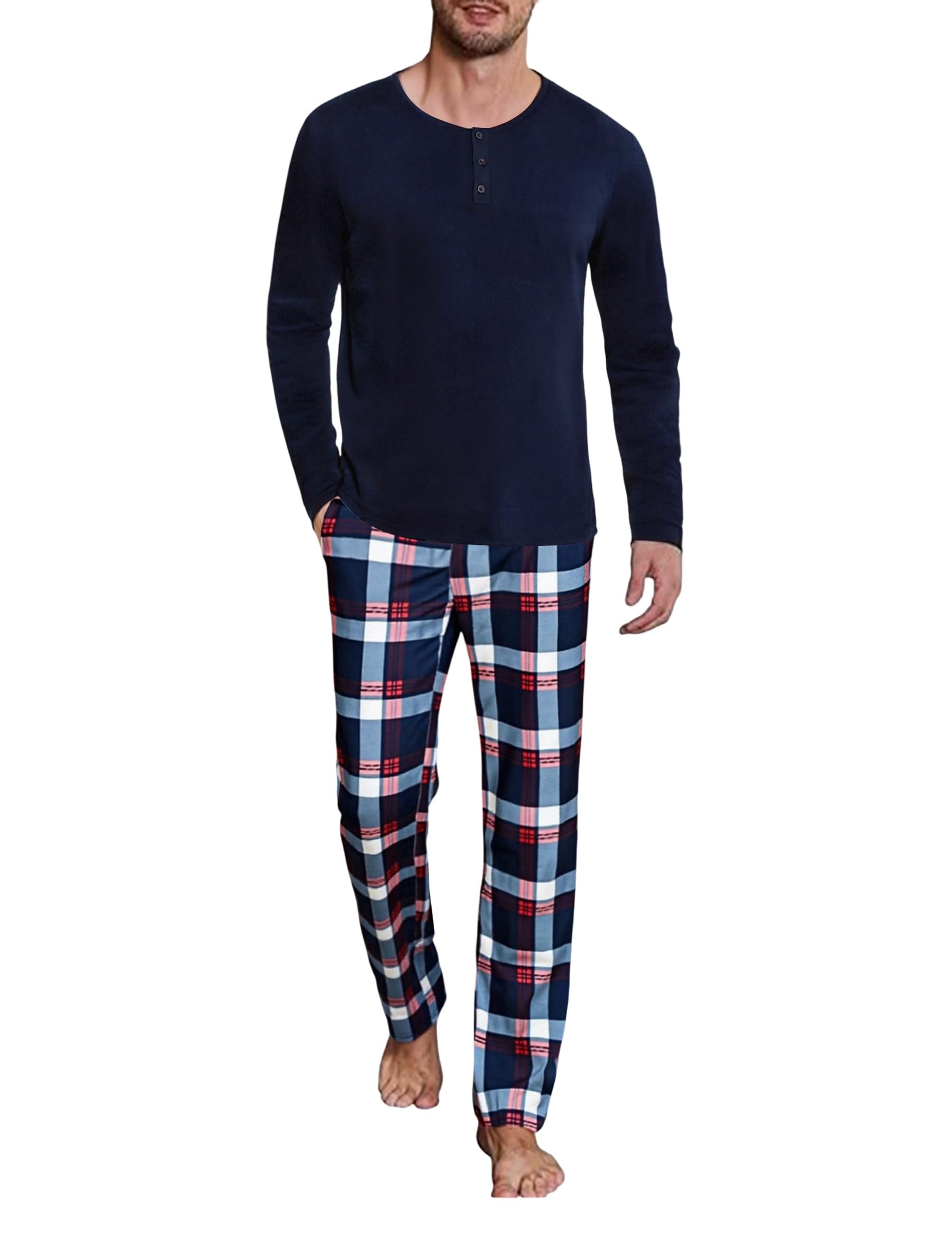 Uniexcosm Schlafanzug Herren Lang Kariert Pyjama Set Zweiteiler Nachtwäsche V-Ausschnitt Langarm Oberteil und Pyjamahose Sleepwear Schlafanzüge für Männer