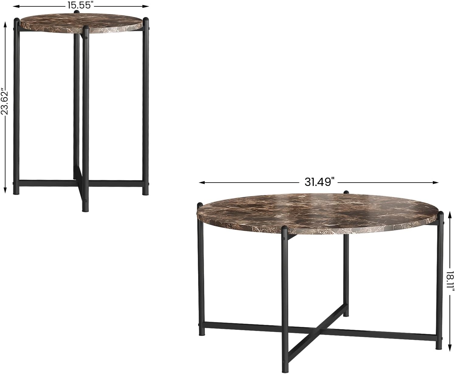 AWQM Faux Marble Coffee Table Set of 3, 1 Coffee Table & 2 Sofa Table, Round Tabletop and Metal Cross Base Frame, Ideal for Living Room, Apartment, Bedroom, Brown & Black : Home & Kitchen