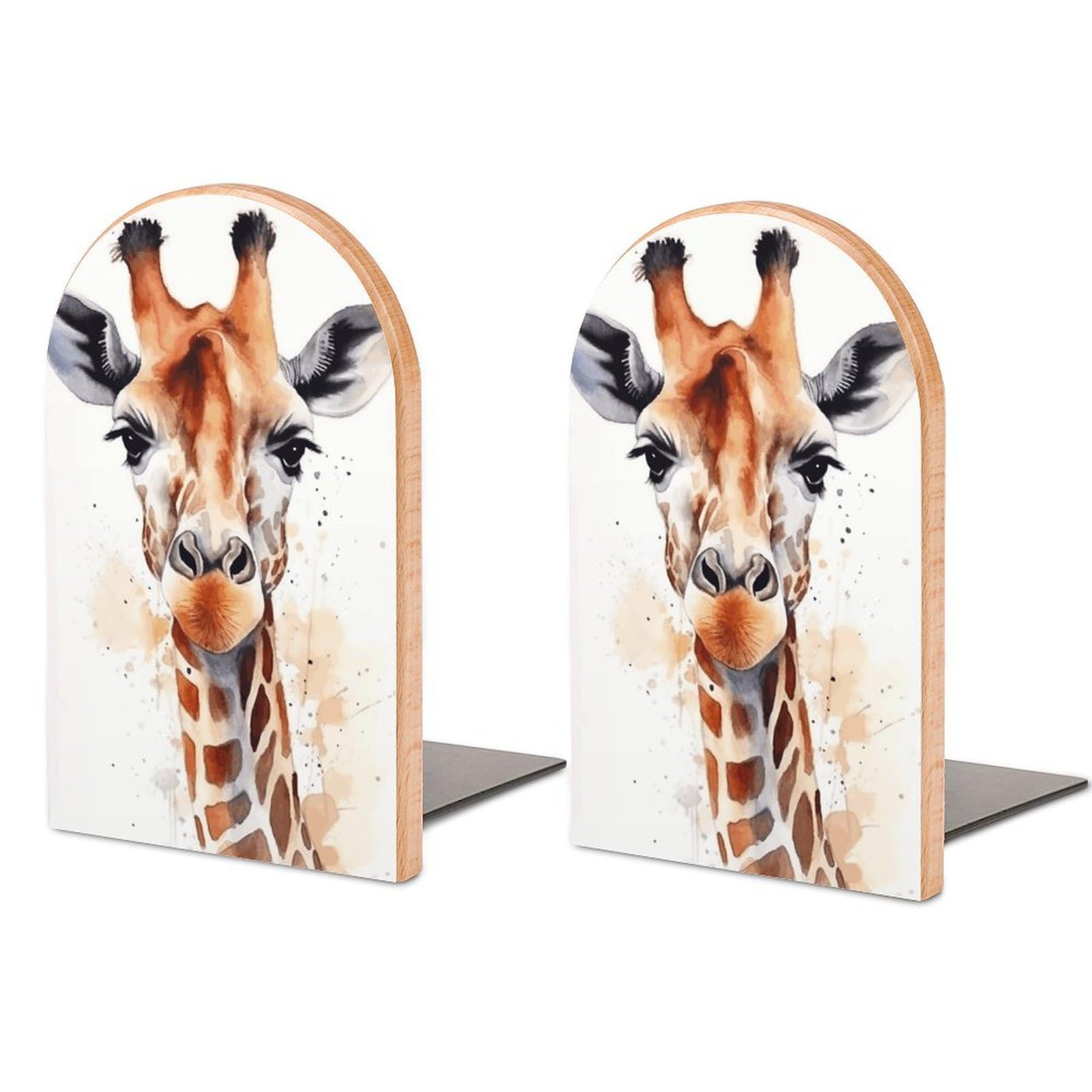 Beech Wood Book Ends Stylish Animal Watercolor Giraffe Printed Bookend for Shelves Home Decorative Bookends for Heavy Books for Office Bookshelves