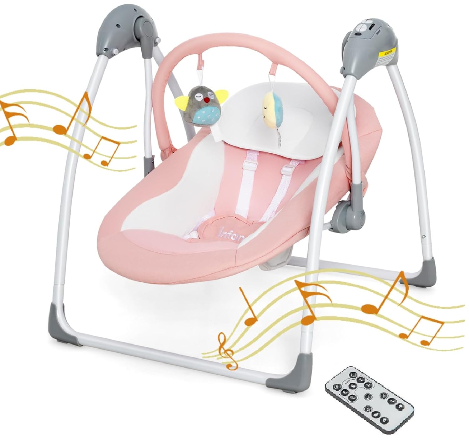 INFANS Baby Swing for Infants, Compact Portable Baby Electric Rocker for Newborn with 5 Speed Natural Sway Music Timing 2 Toys Remote Control, Easy Fold, 0-6 Months Boy Girl (Pink)