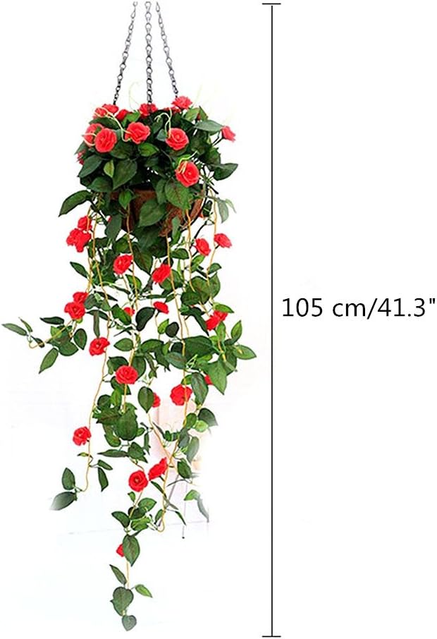 Fake Green Planting Hanging Basket with Chain Flowerpot for Home Balcony Indooor Decoration Hanging Basket Rose Flower Artificial Red (Small Basket)