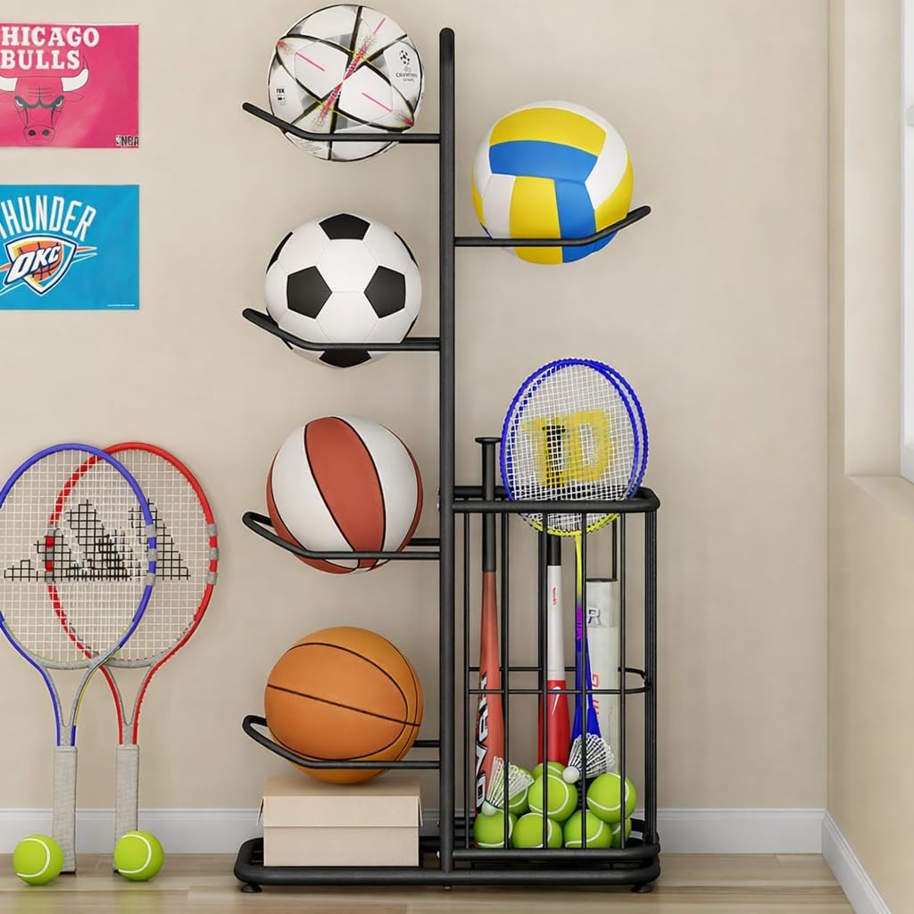 Multi-Function Sports Equipment Storage Racks - Adjustable and Durable Solutions for Organizing Balls, Toys, and Gear Indoors, in Garages, or Outdoors (5-tier-black-with Basket)