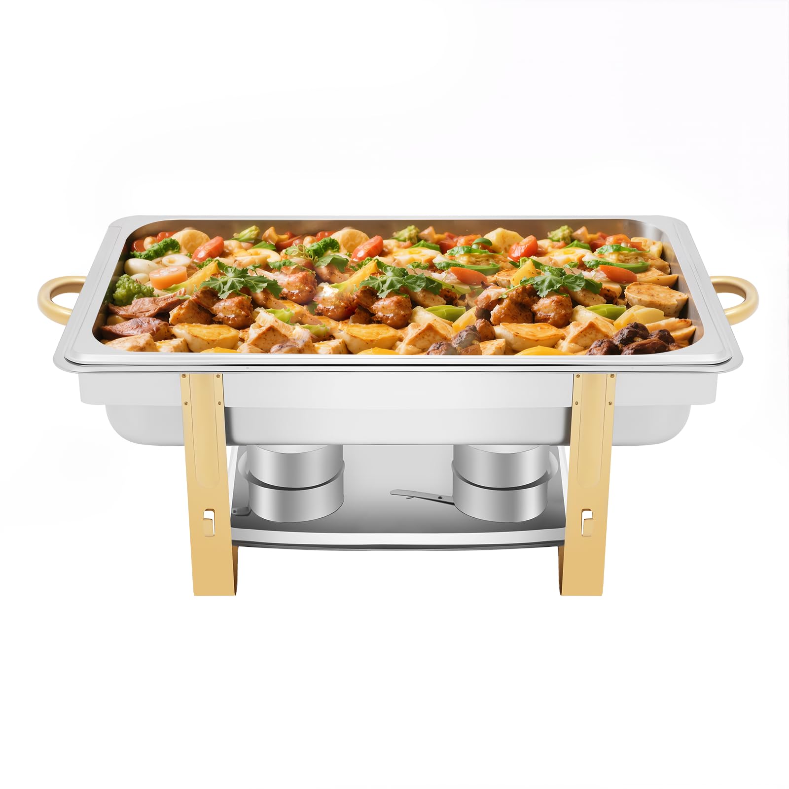Scaldavivande da 9 litri in acciaio inox con decorazione dorata, 63 x 35 x 32 cm, scaldavivande con bagnomaria e coperchio, ideale per buffet, matrimoni e catering, lavabile in lavastoviglie