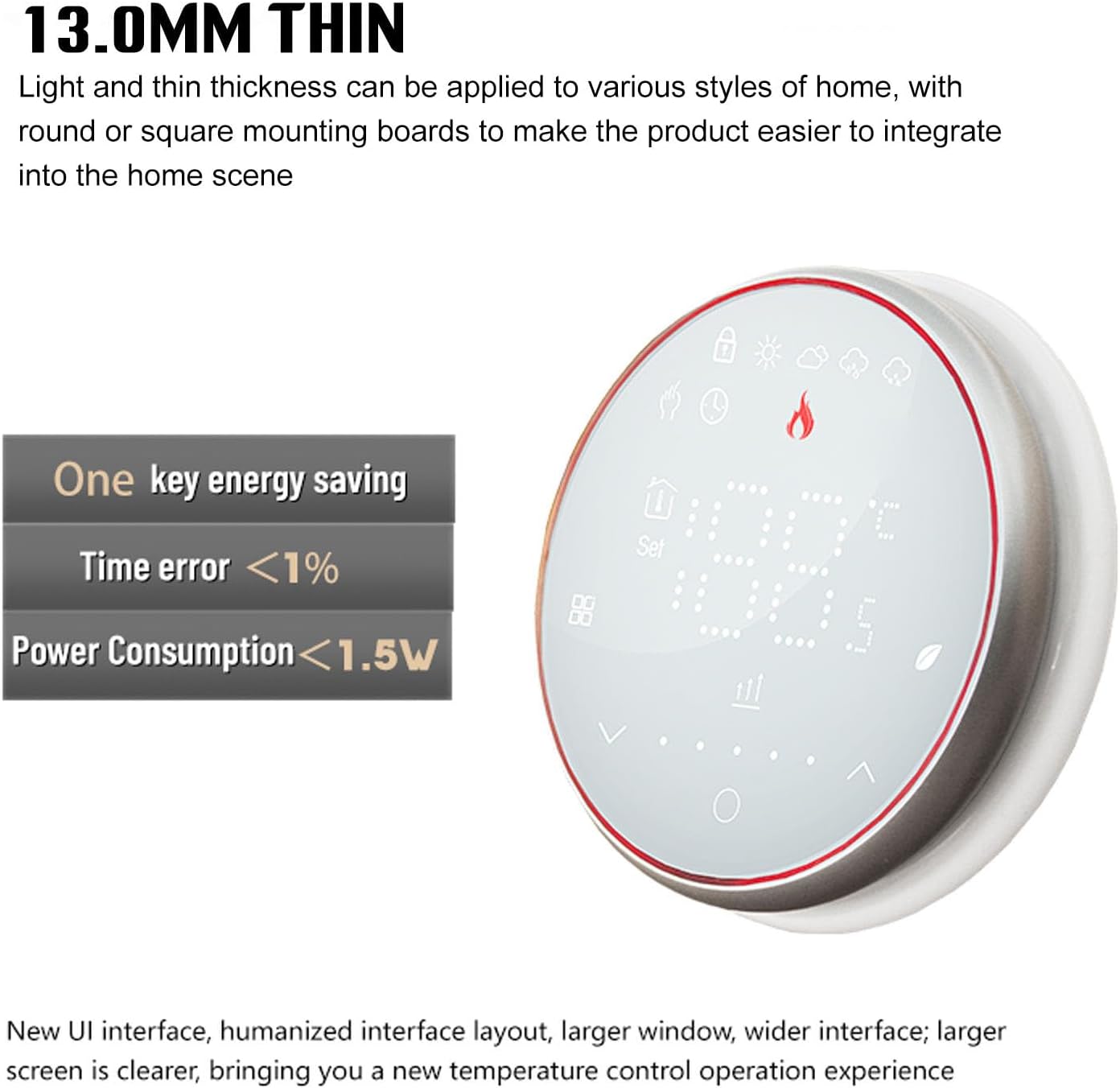 Gsycle Smart Thermostat highlighting thinness and energy saving features