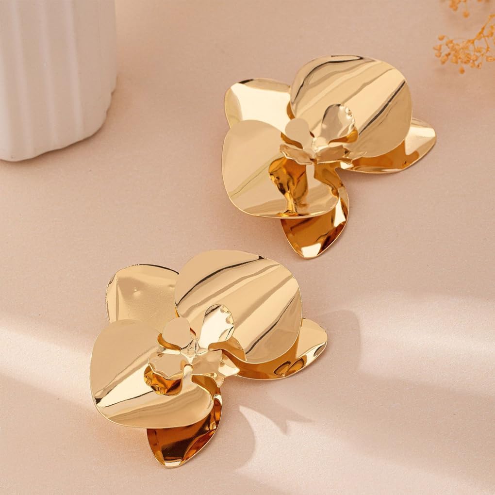 Gold Large Flower Statement Stud Earrings for Women Chunky Unique Orchid Floral Drop Dangle Earrings Exaggerated Floral Metal Earring Vacation Jewelry - Image 5