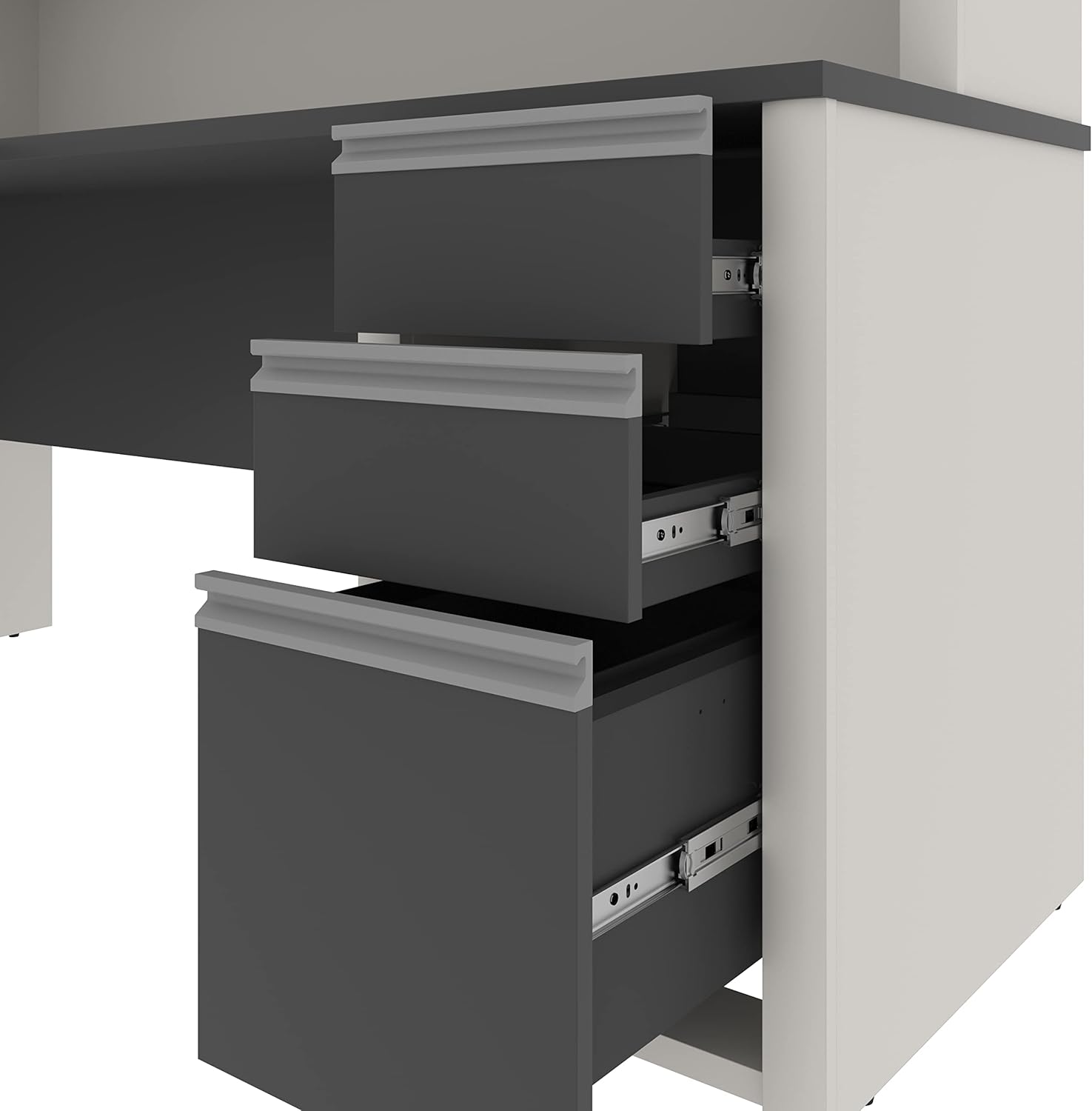 Contemporary L-Shaped Sandstone Workstation with Hutch and Pedestal