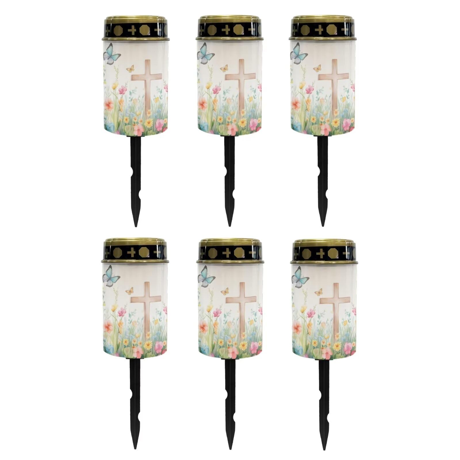 Poceacles Cross Solar Powered Outdoor Lights Cemetery Solar Candle Solar Memorial Lights Outdoor Waterproof Landscape Lights for Yard Patio Lawn Outdoor Home Decor, Cross Butterfly Floral, Pack of 6