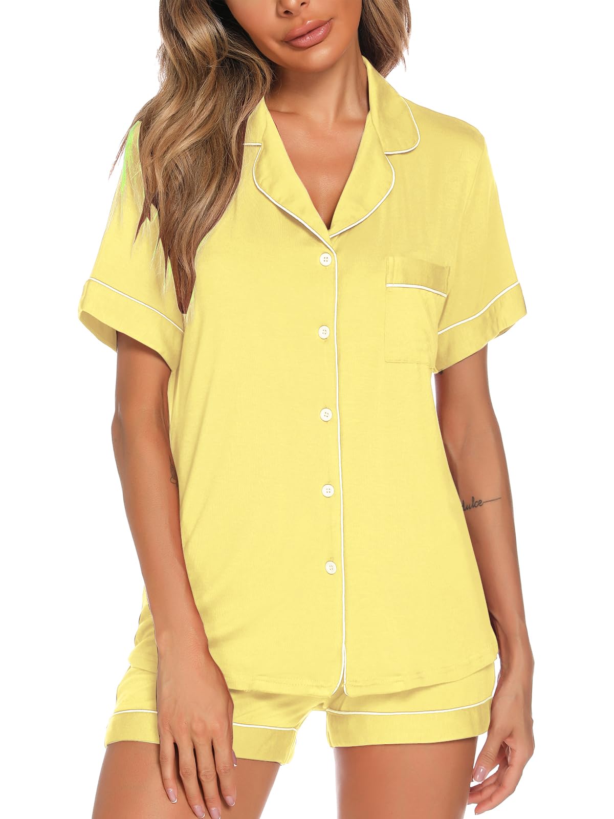 Aamikast Button Up Pajama Set for Women Shorts Short Sleeve Knit Sleepwear 2 Pice Pjs Sets