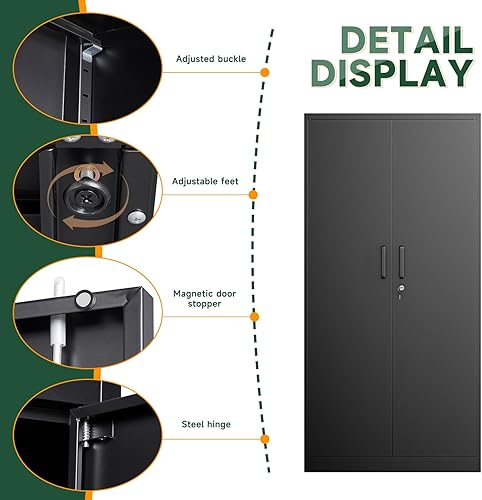 Miniatura 8 de Letaya Armario de almacenamiento de metal negro con estantes ajustables y puerta de cerradura, gabinetes de despensa de metal para el hogar,