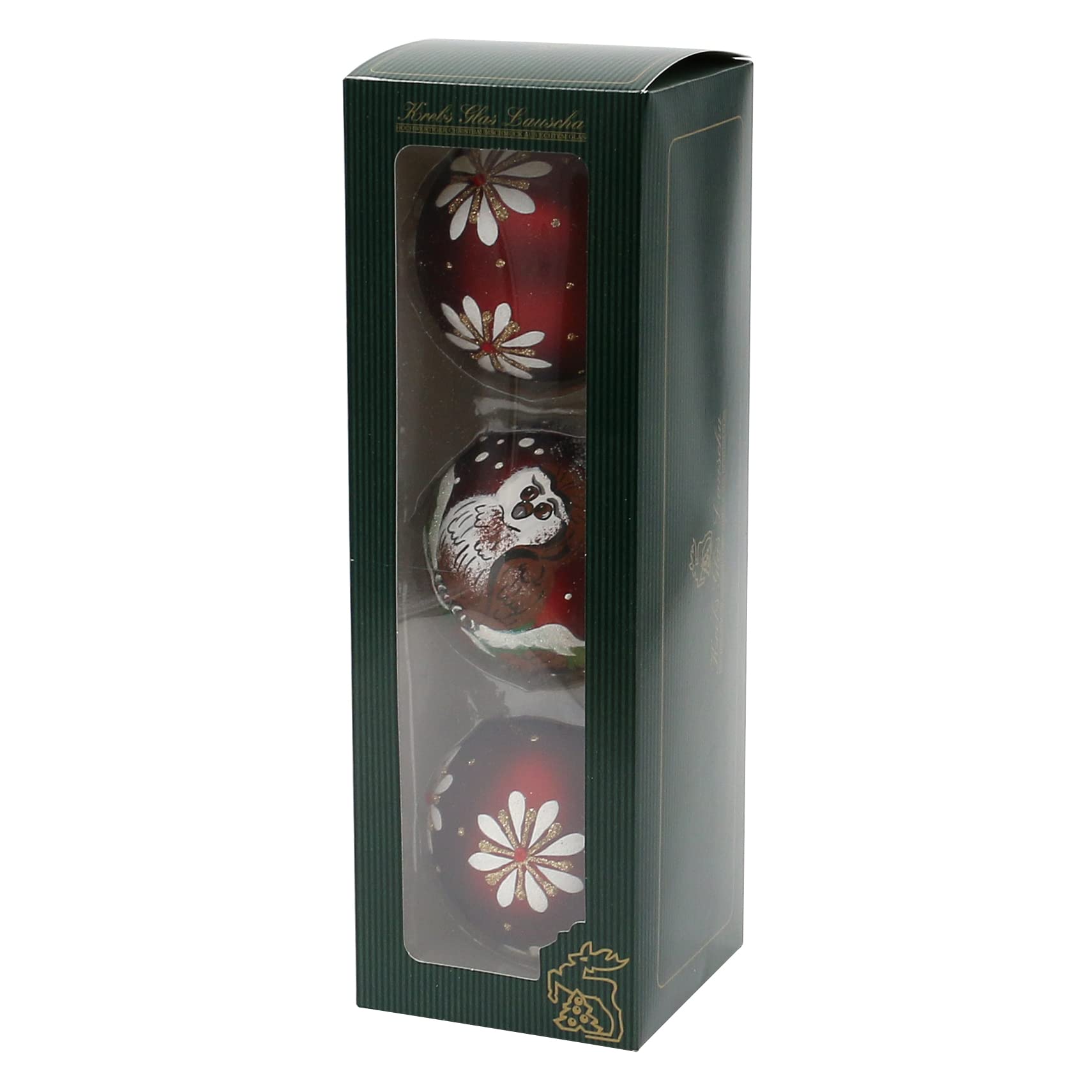 Dekohelden24 Lauschaer - Juego de 3 bolas de Navidad (8 cm), color rojo burdeos mate, con diseño de búhos y Papá Noel decoradas a mano y sopladas, 8 cm