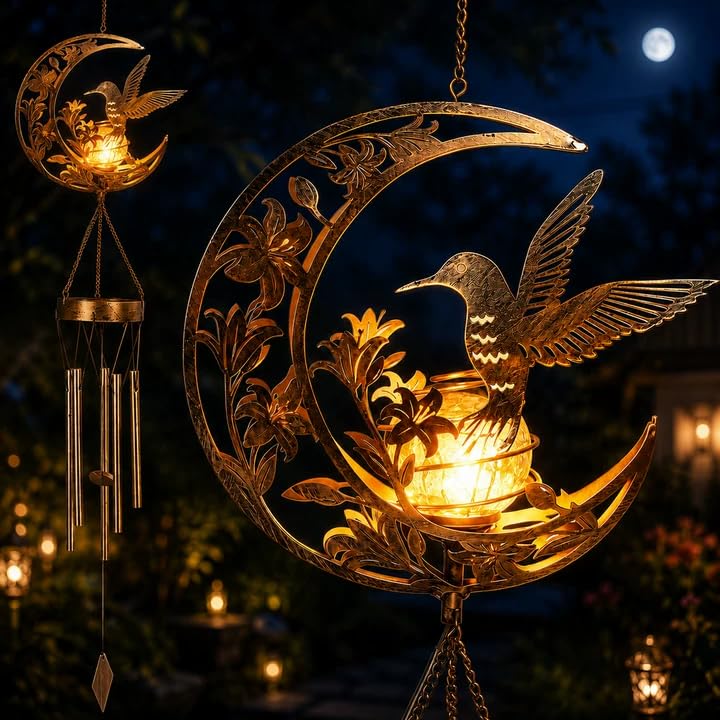 Metal Hummingbird Moon Solar Light with Wind Chime, Outdoor LED Solar Lamp, Waterproof Hanging Garden Decor Light with S-Hook, Solar Wind Chime Decoration for Balcony, Patio, Garden Lighting & Gift