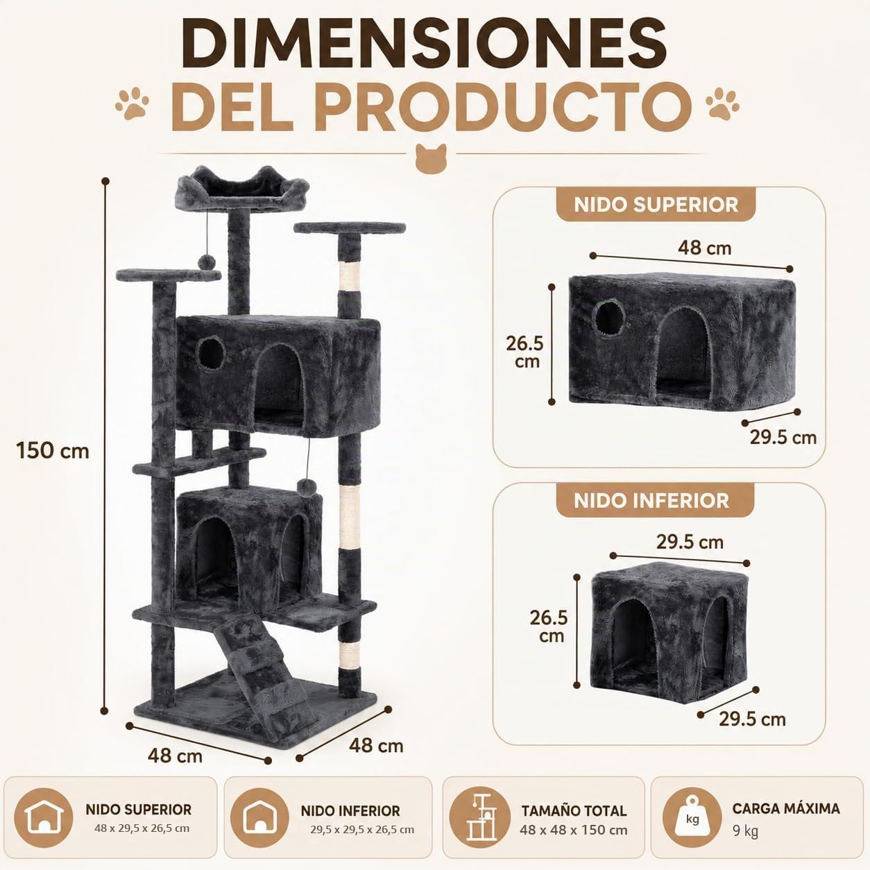 Árbol rascador para Gatos Grandes 150 cm, Torre multinivel Gris con 2 Cuevas, Cama Superior, Plataformas, Postes de sisal,