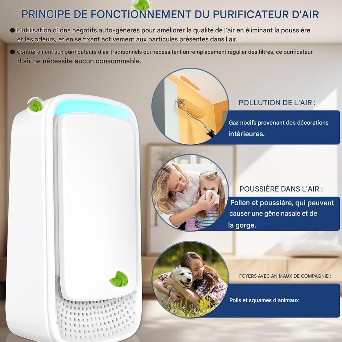 Purificateur d'air ionique, Mini Générateur d’ions négatifs Plug-in pour Chambre/Maison/Salon/Chambre d’Animaux, Purifier les Odeurs (2pcs)