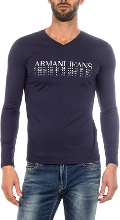 Armani Jeans 6X6T26 Cotton Long Sleeve V Neck Blue T-Shirt