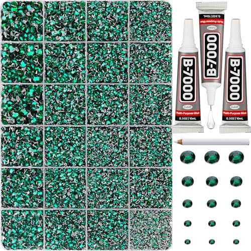 33000Pcs Emerald Green Rhinestones for Bedazzling Dark Green Assorted Sizes 2-6mm Flatback Gems Bedazzler Kit with B7000 Glue Resin Flat Back Diamond Gemstone Jewel Crystal Stone for Crafts Clothes