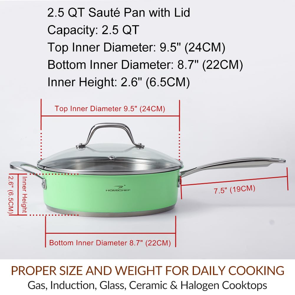 HOMICHEF 9.5 Inch Vibrant Mint Green Nickel Free Stainless Steel Saute Pan with Glass Lid - 2.5 Quart Non Toxic Deep Fring Pan for Induction Cooktop Oven Safe