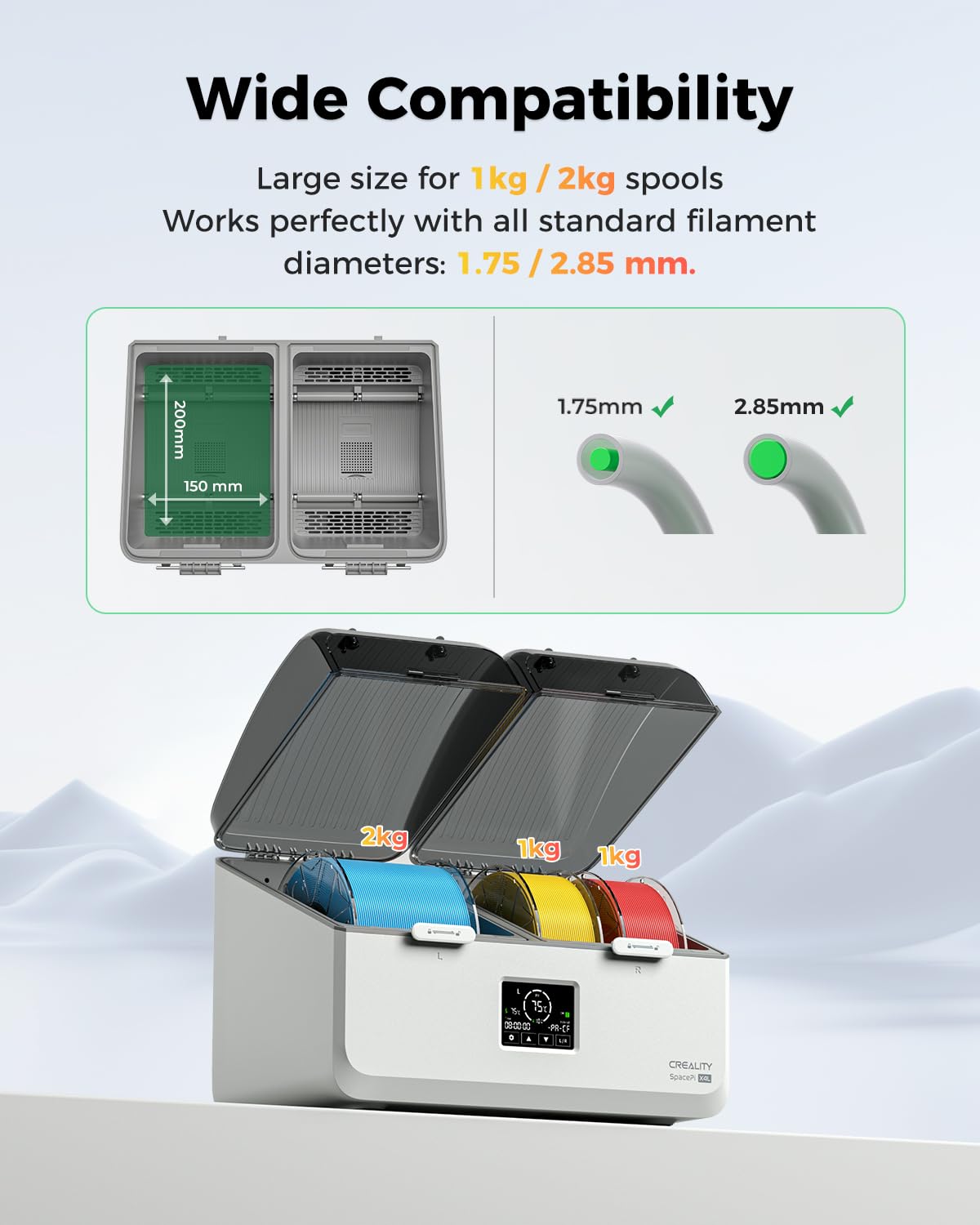 Creality Space Pi X4 Lite Filament Trockner 3D Drucker Trockner Box 4 1KG Spulen beheizte Zweikammer-Aufbewahrung 75°C Temperaturregelung PLA PETG ABS TPU Nylon