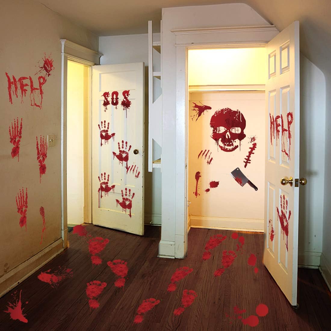 119 PCS Bloody Halloween Decorations Halloween Bloody Handprint Footprints Knife Stickers Window Wall Floor Clings Decals Horror Bathroom Zombie Party Decorations Supplies