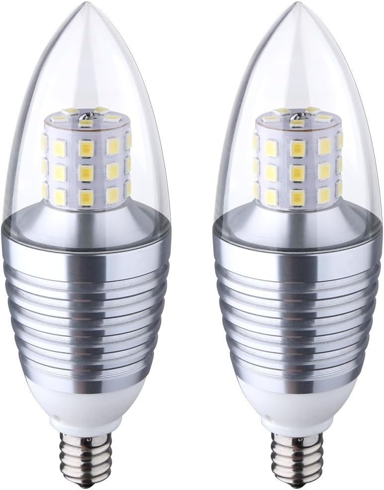 LED Candelabra Bulb, Candle Light,Daylight White 6000K,65W Incandescent Bulbs Equivalent,7W,680lm,Ultra Bright, E12 Base,Torpedo Shape Bulb,Chandelier, Not-dimming, Silver 2 Pack