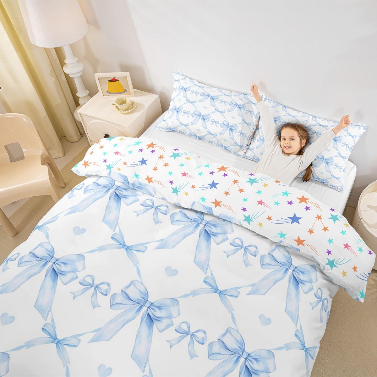 Homewish Dziewczyny śliczna niebieska kokarda geometryczne zestawy poszewek na kołdrę dla dzieci Kawaii kokardka pościel księżniczka wstążka poszwa na kołdrę kobiety ciepłe miękkie pościel zestaw