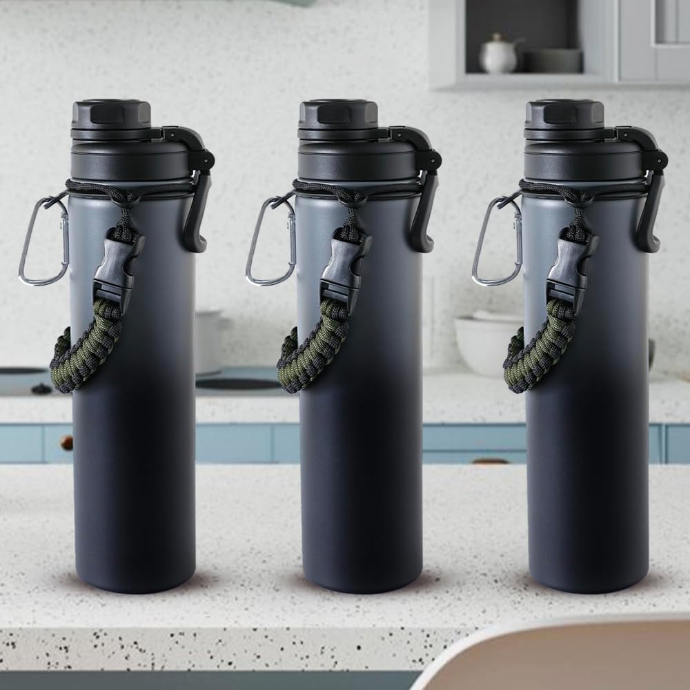 The Better Home Paracord Handle Strap - Fits Wide Mouth Bottles| Vacuum Insulated Flask with Rope and Carabiner for Outdoor Adventures, | Hot & Cold Water Bottle |720ml (Black-Grey) | Pack of 3 (B0CRRJJXM3) Amazon Price History, Amazon Price Tracker