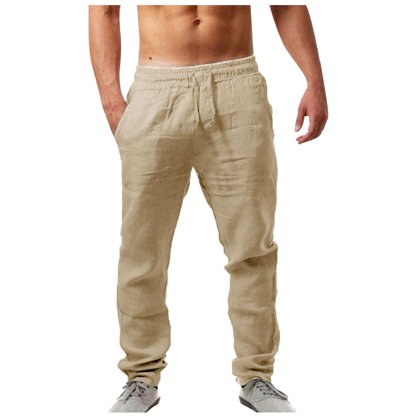 Musselin Hose Herren Lang mit Kordelzug Loose Fit Stretch Linen Pants Luftige Slim Freizeithose Locker Baggy Sommerhose Elastische Leinenhose Jogginghose Weiße Leichte Stoffhose