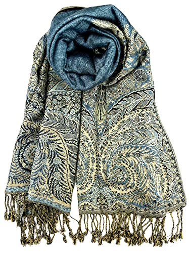 Plum Feathers Tapestry Ethnic Paisley Pattern Pashmina Scarf, Blue Beige Tropical Paisley, One size