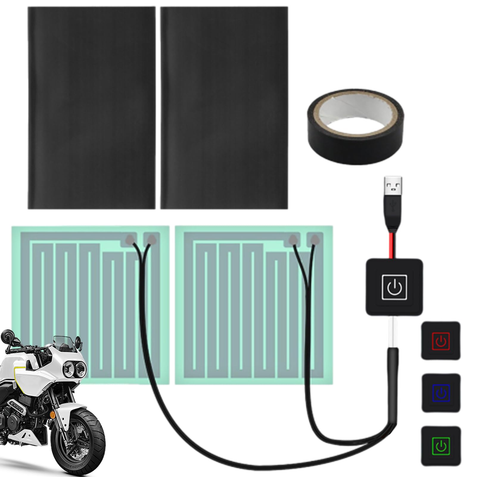 Coprimani Riscaldati USB Per Moto, Bici Elettriche E ATV, 3 Livelli Di Calore (45-60°C), 5V 2A, Materiale Poliestere, Lunghezza Cavo 1.5m, Spegnimento Automatico Dopo 1 Ora