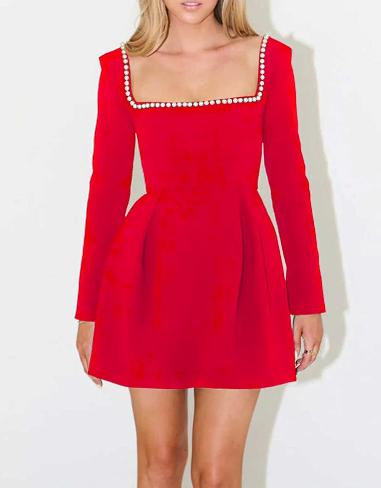 Amazon.com: YEXPINE Women's Long Sleeve Mini Dress Pearl Square