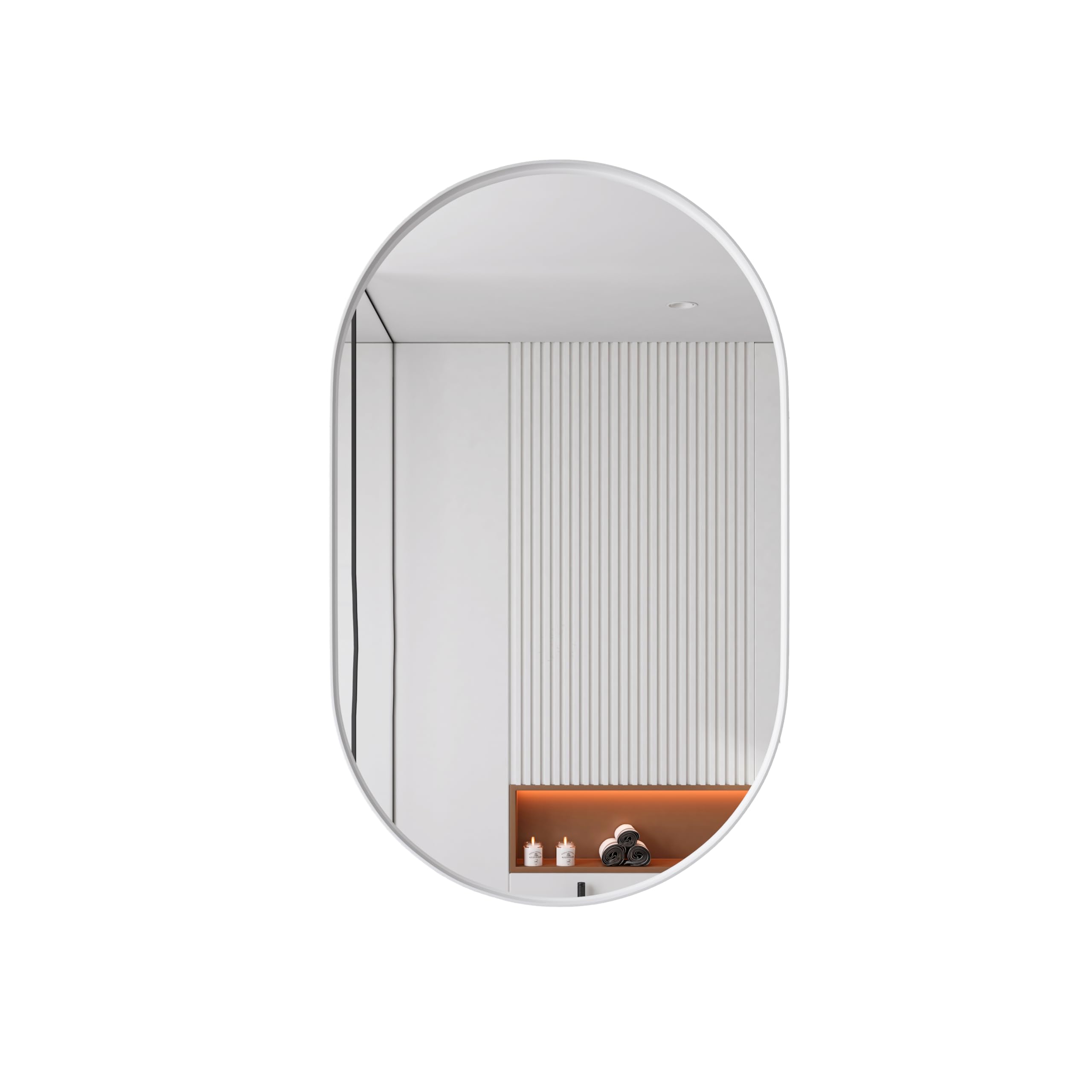 Mobile Specchio Ovale con Metallo, Armadietto da Incasso con Ripiani Regolabili e Cornice in Metallo, Specchio con Contenitore da Parete, Bianco, 85 x 51.5 x 12 cm
