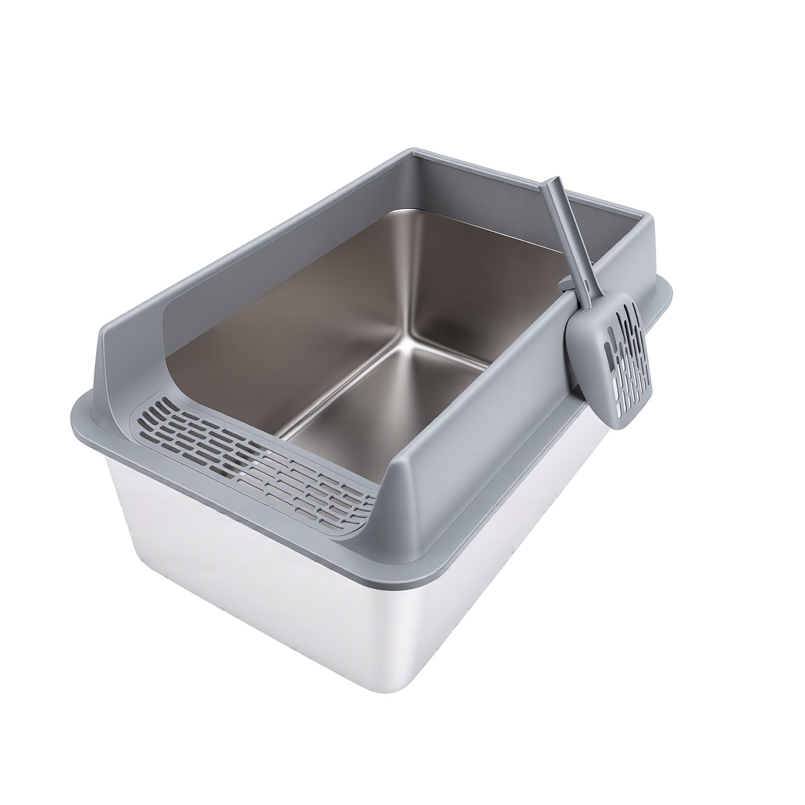 Luocute Bandeja de de Acero Inoxidable, Arenero Metálico Extra Grande con Laterales Altos de 20 Cm, Antiescape de Orina, Antiadherente, sin Olores, Fácil Limpieza, para Gatos Grandes,