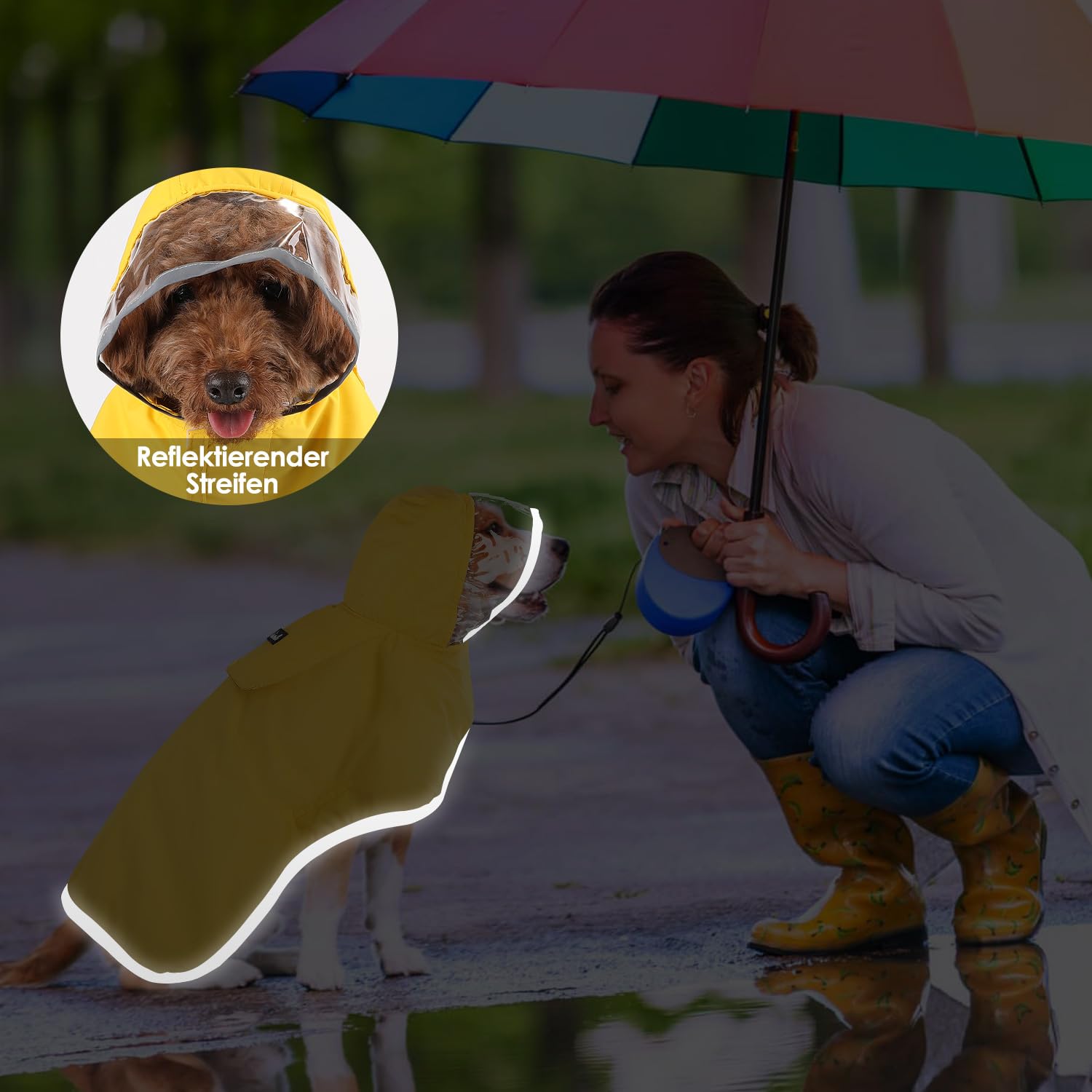 Eyein Wasserdichter Hunderegenmantel, Regenmantel für Große Hunde mit Kapuze und weichem Futter, Verstellbare Hunderegenjacke mit reflektierenden Streifen, Winddicht und leicht, Gelb, XXXL