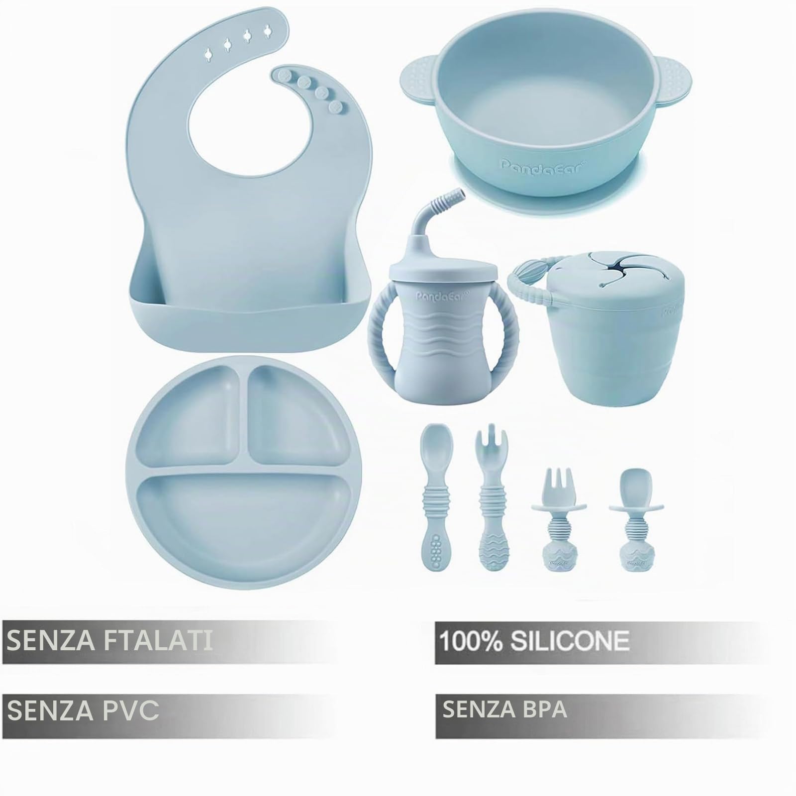 PandaEar Set per l'alimentazione del bambino in silicone, utensili a LED, piatto con ventosa divisa, ciotola, bavaglini, tazza autonoma