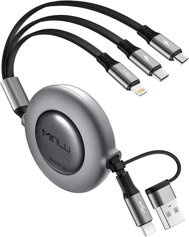 Minlu Multi USB Cable, 3-in-2 Retractable Charging Cable, Multi Charging Cable with Data Transfer [1.2 m] 5-in-1 Charging Cable, USB C Fast Charging Cable for iPhone 17 16 15 14 13 12 11, Android