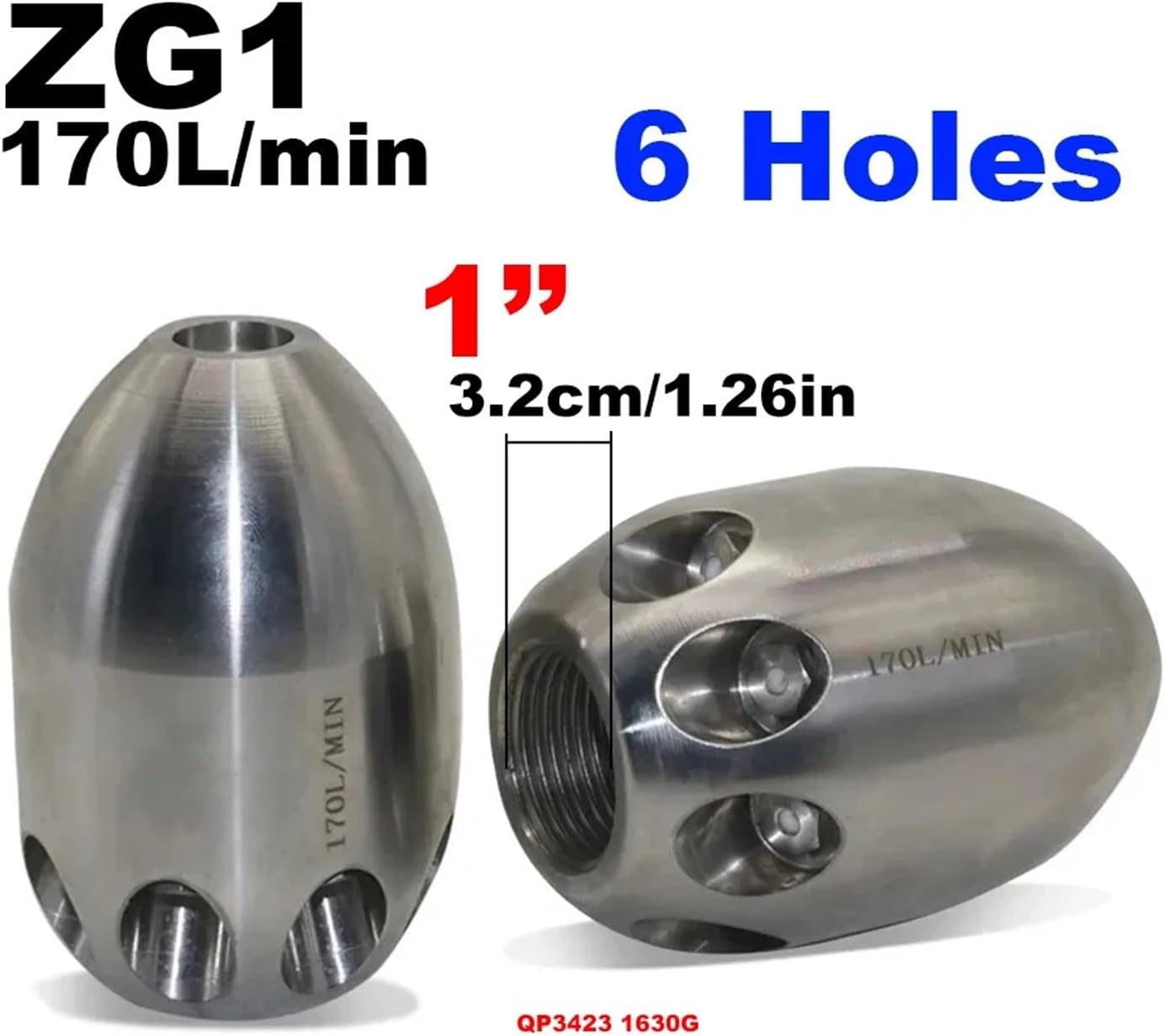 ZG1 Industrial Nozzle High Pressure Rotating Nozzle Sewer High-Pressure Cleaning Water Gun Nozzle Sludge Front 4 Rear 5 Holes(6 Holes)
