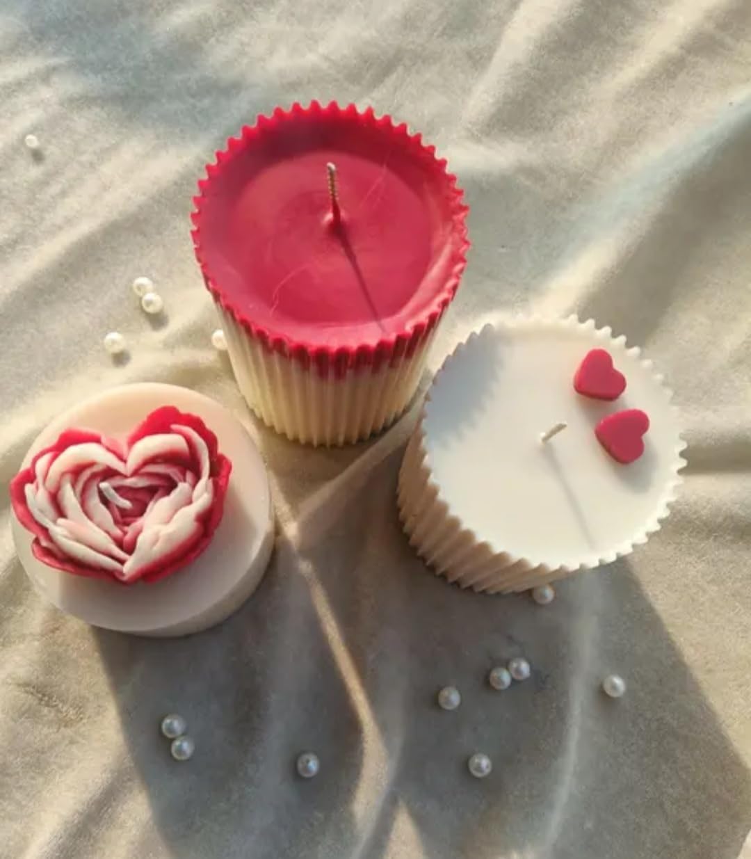 Decorative Wax Candle Set, Red and White, Heart Rose Design, Cupcake Style, Valentine Theme, Set of 3