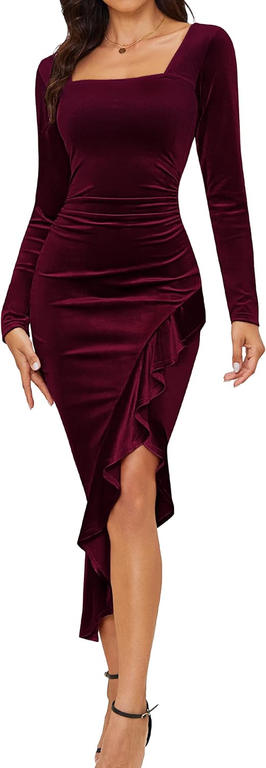 NASHALYLY Elegant Velvet Dress for Women,Sexy Long Sleeve Bodycon Mermaid Dress Ruched Cocktail Party Wedding Square Neck
